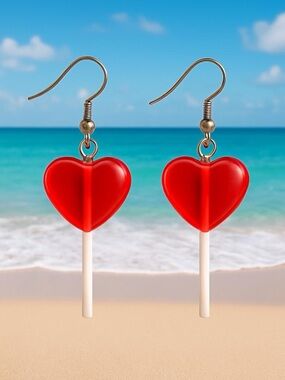 Heart Drop Sucker Candy Earrings - Red and White